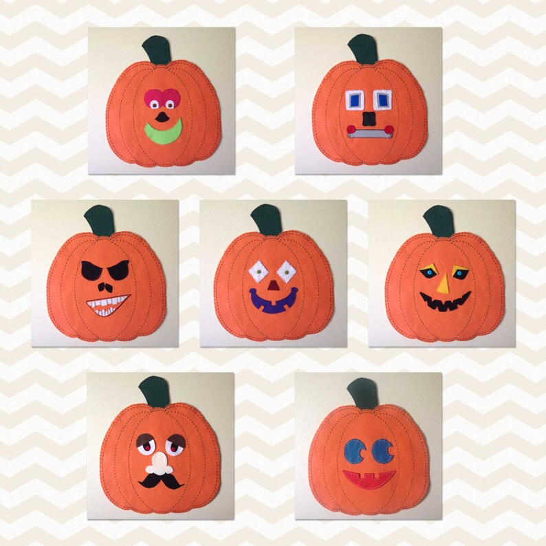 May include: Set of six felt orange pumpkins with different facial expressions. Each pumpkin has a unique face with eyes, nose, and mouth. The pumpkins are perfect for Halloween decorations or crafts.
