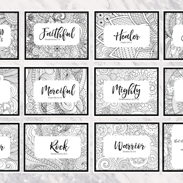 Names of God Scripture Coloring Cards | Set of 12 | Inspirational Art | Scripture Art