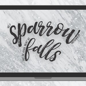 May include: A laptop computer screen displaying a black and white image with the text "Not a sparrow falls that the Father doesn't see" and "Matthew 10:29".