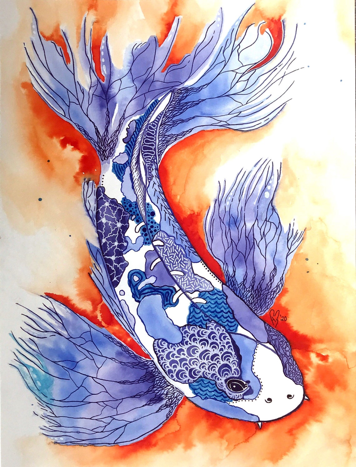 Koi Fish Print Fish Print Zentangle Digital Print Ink on Paper Ink