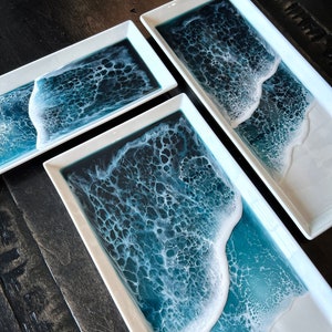 White Serving Platters for Entertaining | Porcelain Ocean Resin Dish | Wave Ocean Resin Art | Original Resin Ocean Art | Unique Gift Idea