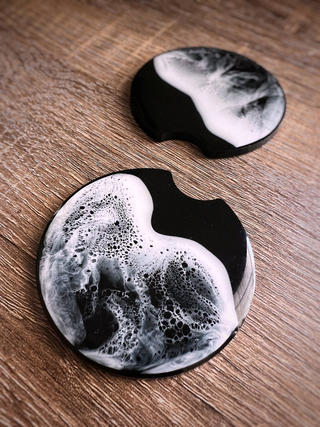 Set of 2 Custom Resin Car Coasters Black and White Ocean Coasters Car