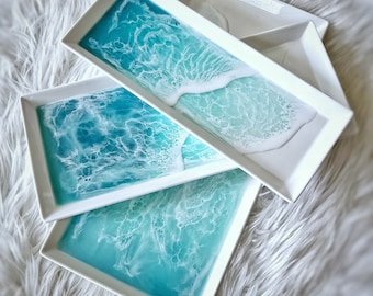 White Serving Platters for Entertaining | Porcelain Ocean Resin Dish | Wave Ocean Resin Art | Original Resin Ocean Art | Unique Gift Idea