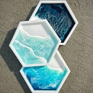 Hexagon Resin Jewelry Ring Dish | Trinket Tray | Coastal Ocean Decor | Original Resin Ocean Art | Unique Gift Idea | Stormy Ocean Art