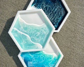 Hexagon Resin Jewelry Ring Dish | Trinket Tray | Coastal Ocean Decor | Original Resin Ocean Art | Unique Gift Idea | Stormy Ocean Art