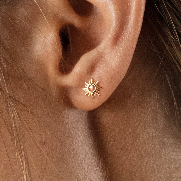 Tiny CZ Sun Studs Earrings, Starburst Studs, Gold, Silver SHEMISLI SS031 Butterfly End, SS795 Screw Ball End (Type A)