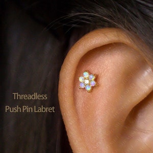 Tiny 6 Petal Opal Stone Threadless Flat Back Earrings, Nose Stud, 20,18,16ga, 5-10mm, Surgical Steel, SHEMISLI SS559