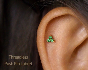 Tiny 3-Petal Emerald Flower Threadless Flat Back Earrings, Nose Stud, 20,18,16ga, 5-10mm, Surgical Steel, SHEMISLI SS545