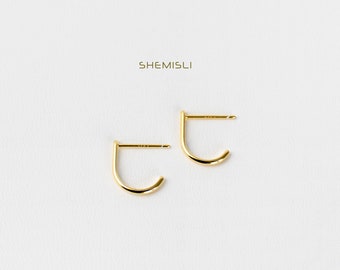 L Shape Small Bar Studs, Hook Hoop Earrings,  Gold, Silver - SS052