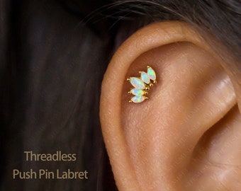 Tiny 5 Leaf Opal Stone Crown Threadless Flat Back Earrings, 20,18,16ga, 5-10mm, Surgical Steel SHEMISLI SS585