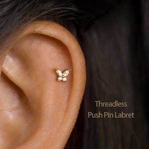 Tiny Butterfly White Stone Threadless Flat Back Earrings, Nose Stud, 20,18,16ga, 5-10mm, Surgical Steel, SHEMISLI SS553