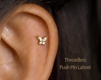 Tiny Butterfly White Stone Threadless Flat Back Earrings, Nose Stud, 20,18,16ga, 5-10mm, Surgical Steel, SHEMISLI SS553