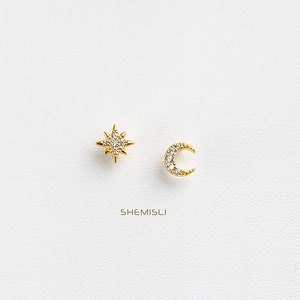 Moon and Star Earrings, Mismatched Celestial Studs, Starburst CZ Studs, Mini Studs, Gold, Silver SS037