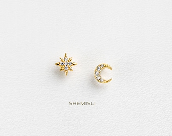 Moon and Star Earrings, Mismatched Celestial Studs, Starburst CZ Studs, Mini Studs, Gold, Silver SS037