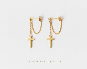 Cross Dangle Chain Studs Earrings, Gold, Silver SHEMISLI SS150