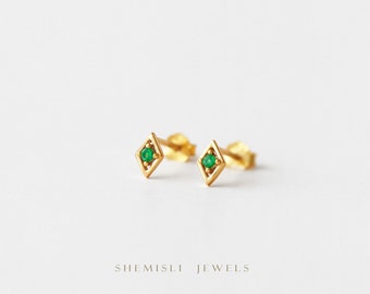 Tiny CZ Diamond Shape Stud, White, Emerald, Turquoise