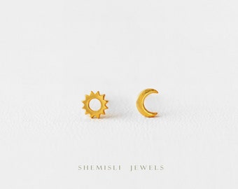 Sun and Moon Studs Earrings, Mismatched Celestial Earrings, Mini Studs, Gold, Silver SHEMISLI SS019