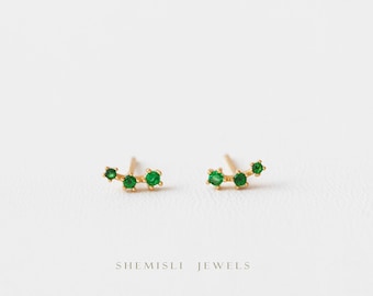 Tiny Triple Emerald Stones Climber Stud Earrings, Gold Silver SHEMISLI SS126 Butterfly End, SS490 Screw Ball End (Type A) LR