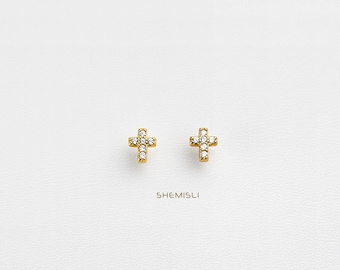 Tiny Cross CZ Studs Earrings, Gold, Silver SHEMISLI SS046