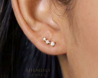 Tiny Opal Stone Climber Stud Earrings, Gold, Silver - SS162 LR