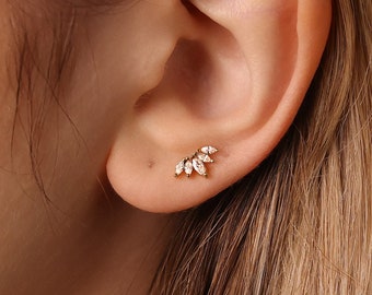 Tiny 5 Leaf White Stone Crown Threadless Flat Back Earrings, 20,18,16ga, 5-10mm, Surgical Steel SHEMISLI SS552