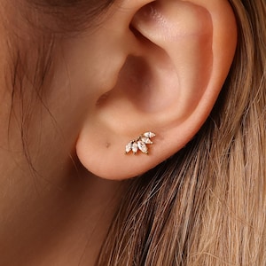 Tiny 5 Leaf White Stone Crown Threadless Flat Back Earrings, 20,18,16ga, 5-10mm, Surgical Steel SHEMISLI SS552