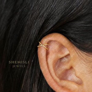 Tiny Thin Criss Cross Helix Cuff, Upper Ear Cuff, Earring No Piercing is Needed, Gold, Silver SHEMISLI - SF048 NOBKG