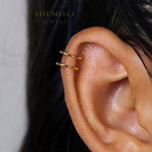 Tiny Thin 2 lined Helix Cuff, Upper Ear Cuff, Earring No Piercing is Needed, Gold, Silver Black SHEMISLI - SF050 NOBKG