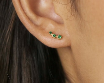 Tiny Triple Stones Climber Stud Earrings, White, Emerald, Turquoise, Sapphire, Black, Gold Silver SHEMISLI SS125, SS126, SS248, SS249, SS250