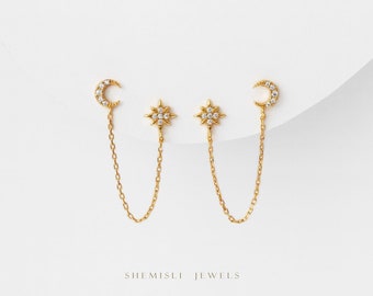 Moon and Star Studs for Two Piercings, Starburst Studs, Gold, Silver SHEMISLI SS156 LR