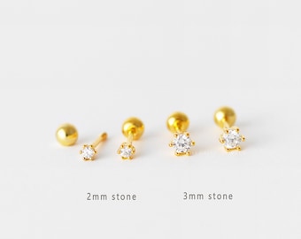 Dainty Clear CZ Studs With Screw Ball End (Type B), 2mm, 3mm, Gold, Silver SHEMISLI - SS177, SS178