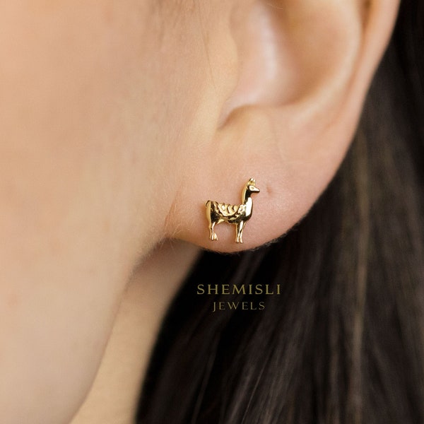 Tiny Llama Stud Earrings, Lama alpaca Jewelry, Gold, Silver SHEMISLI - SS252  Butterfly End, SS493 Screw Ball End (Type A) LR