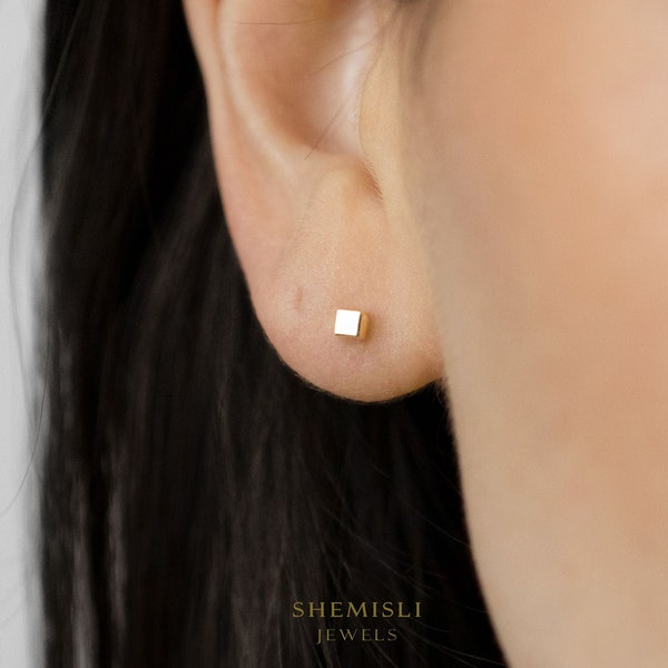 Tiny Cube Stud Earrings, Gold, Silver SHEMISLI SS283