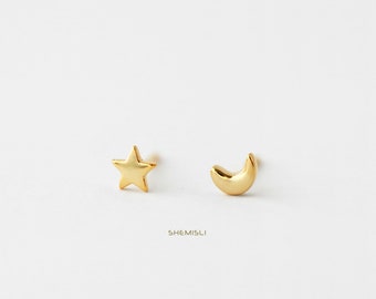 Mismatched Moon and Star Studs Earrings, Celestial Earrings, Mini Studs, Gold, Silver - SS077 Butterfly End, SS857 Screw Ball End (Type A)