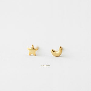 Mismatched Moon and Star Studs Earrings, Celestial Earrings, Mini Studs, Gold, Silver - SS077 Butterfly End, SS857 Screw Ball End (Type A)