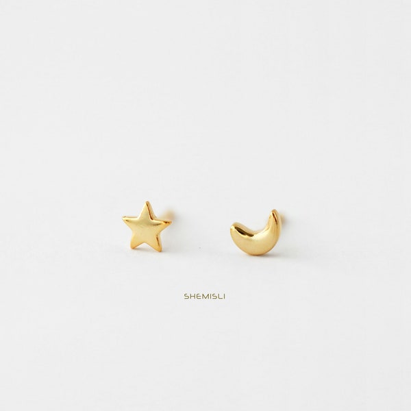 Mismatched Moon and Star Studs Earrings, Celestial Earrings, Mini Studs, Gold, Silver - SS077 Butterfly End, SS857 Screw Ball End (Type A)