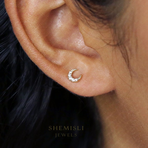 Tiny Moon CZ Studs Earrings, Luna Studs, Gold, Silver SHEMISLI SS036 Butterfly End, SS352 Screw Ball End (Type A)