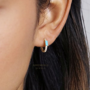 Turquoise Baguette CZ Hoops, Gold, Silver SHEMISLI - SH212