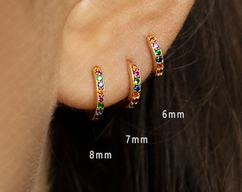 Multicolored Stone Hoop Earrings, Rainbow Huggies, 6, 7, 8, 9, 10, 12mm Gold, Silver SHEMISLI SH132, SH133, SH134, SH135, SH136, SH138