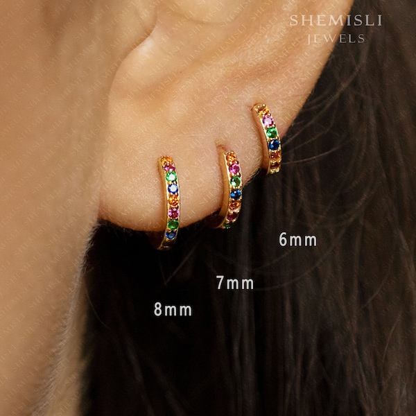 Multicolored Stone Hoop Earrings, Rainbow Huggies, 6, 7, 8, 9, 10, 12mm Gold, Silver SHEMISLI SH132, SH133, SH134, SH135, SH136, SH138