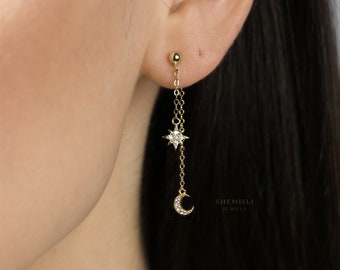 Moon and Star Front and Back Earrings, Mismatched Celestial Studs, Starburst CZ Studs, Mini Studs, Gold, Silver SS196 LR