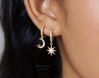 Mismatched Star Moon Hoop Earrings, Pave CZ Drop Huggies, Gold, Silver SHEMISLI - SH216