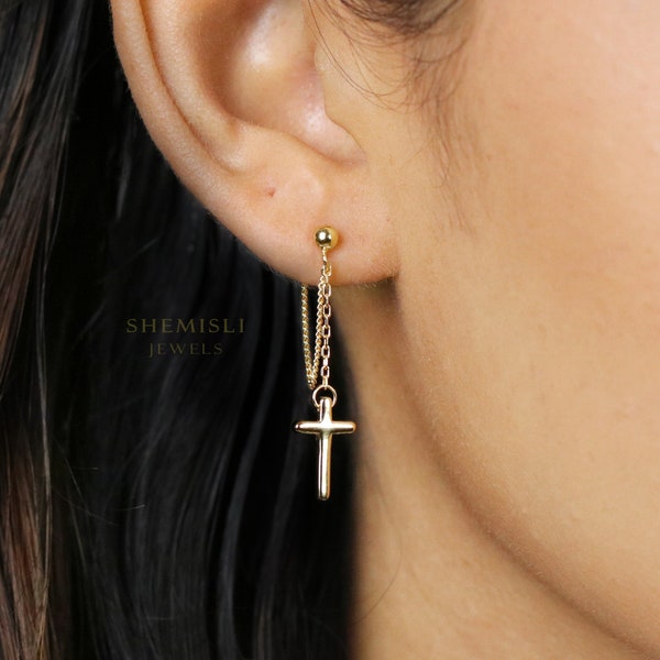 Cross Dangle Chain Studs Earrings, Gold, Silver SHEMISLI SS150