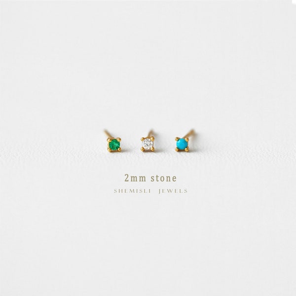 Tiny 2mm CZ Studs, White, Emerald, Turquoise, Gold, Silver SHEMISLI - SS072, SS086, SS090