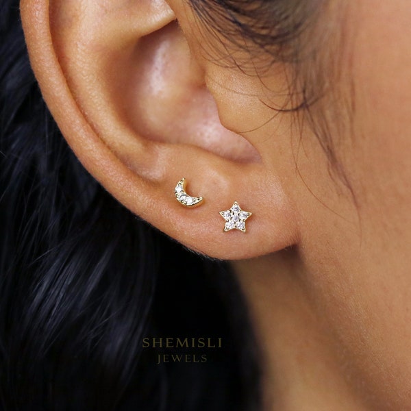 Mismatched Moon and Star Studs, Celestial Earrings, 5 Pointed Star CZ Studs, Mini Studs, Gold, Silver SS085