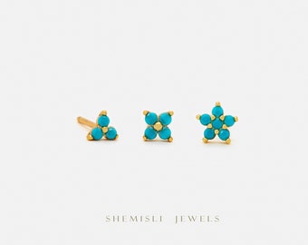 Petits clous d'oreilles fleurs en pierre turquoise, or argent SHEMISLI - SS152, SS080, SS323