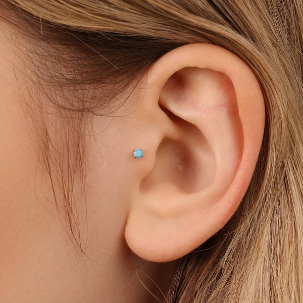 Tiny Turquoise Threadless Flat Back Tragus Stud Earrings, December Birthstone, 18,16ga, 5-10mm, Surgical Steel SS511 SS512 SS513 SS514