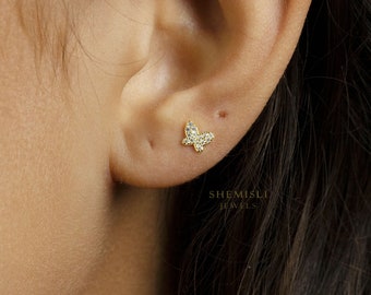 Tiny Paved CZ Butterfly Studs Earrings, Gold, Silver SHEMISLI - SS338