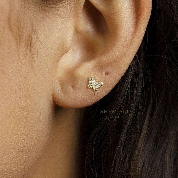 Tiny Paved CZ Butterfly Studs Earrings, Gold, Silver SHEMISLI - SS338