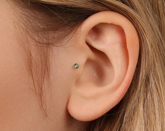 Tiny Emerald Threadless Flat Back Tragus Stud Earrings, May Birthstone, 18,16ga, 5-8mm, Surgical Steel, SHEMISLI SS507 SS508 SS509 SS510